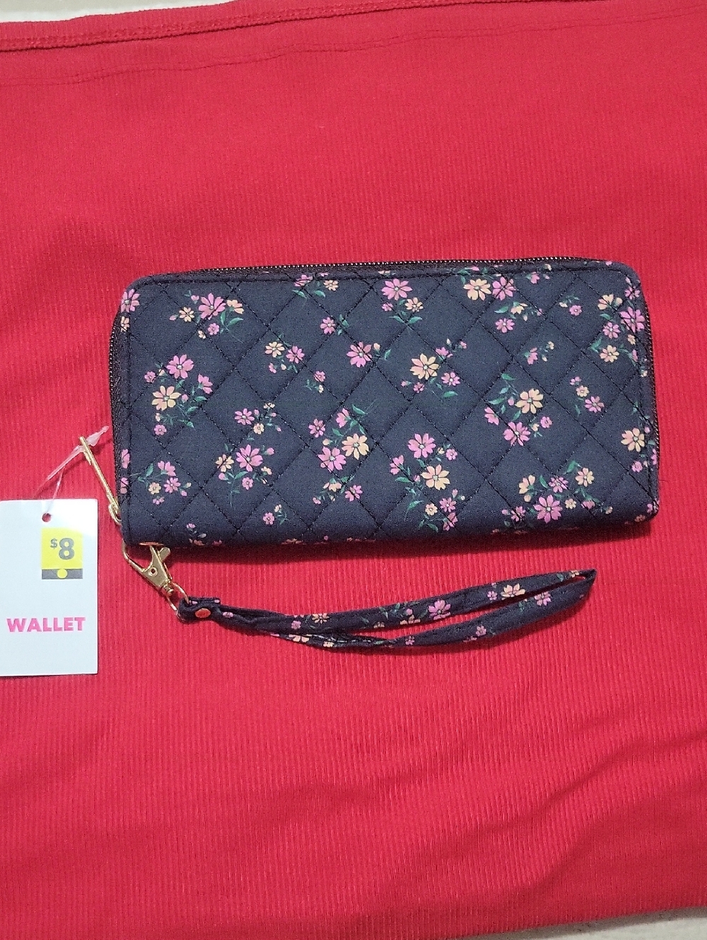 Quilted Floral Zip-Around Wristlet Wallet - Black/Pink
